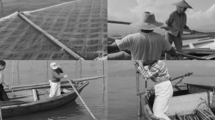 80年代农村渔村儿童小学生干农活划船捕鱼