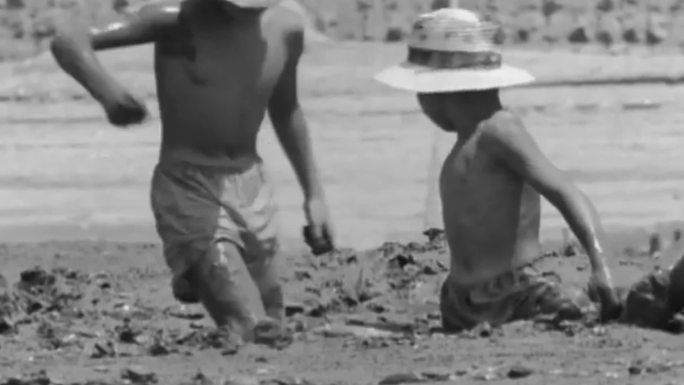 60年代暑假假期儿童小学生赶海捕鱼蛏子