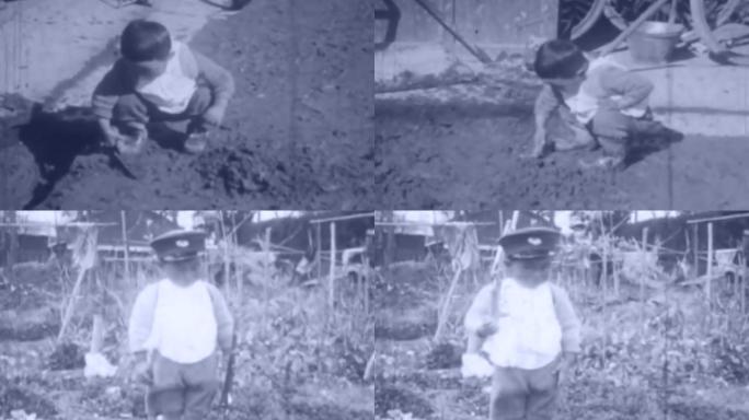 30年代儿童幼儿玩耍玩具枪泥巴铲土