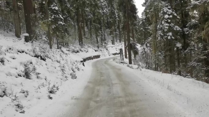 蓝天白云开车在雪路上