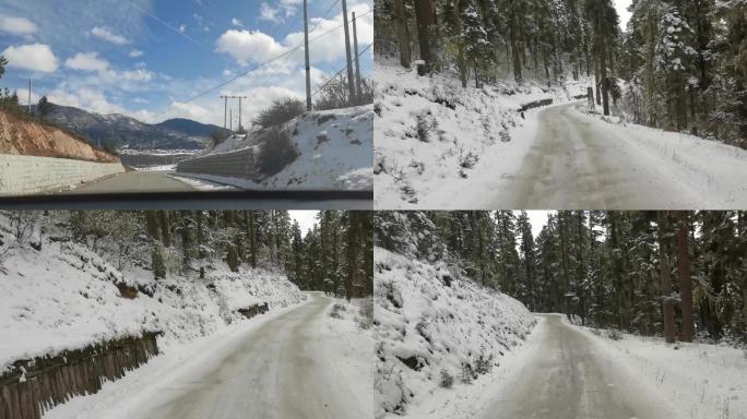 蓝天白云开车在雪路上