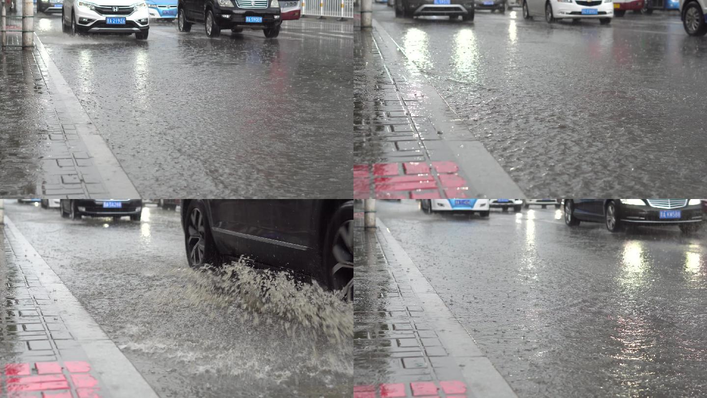 城市街头暴雨车辆驶过2