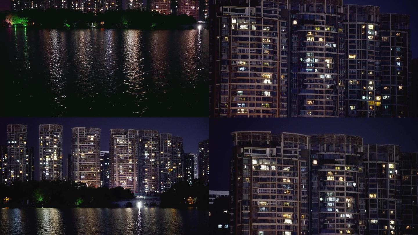 4K湖景楼盘夜景万家灯火