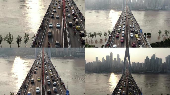 航拍重庆长江大桥车流人群交通