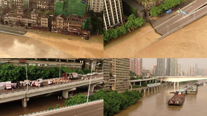 航拍重庆洪崖洞洪水过境2020