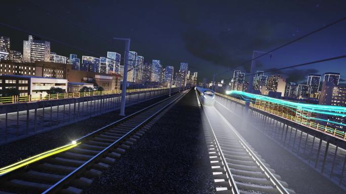 夜景城市高铁飞速穿越城市