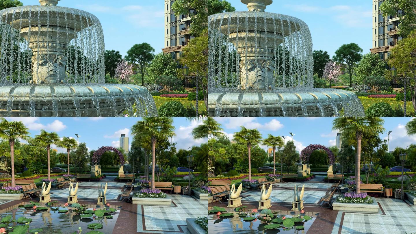 小区园林景观喷泉景观小品三维动画
