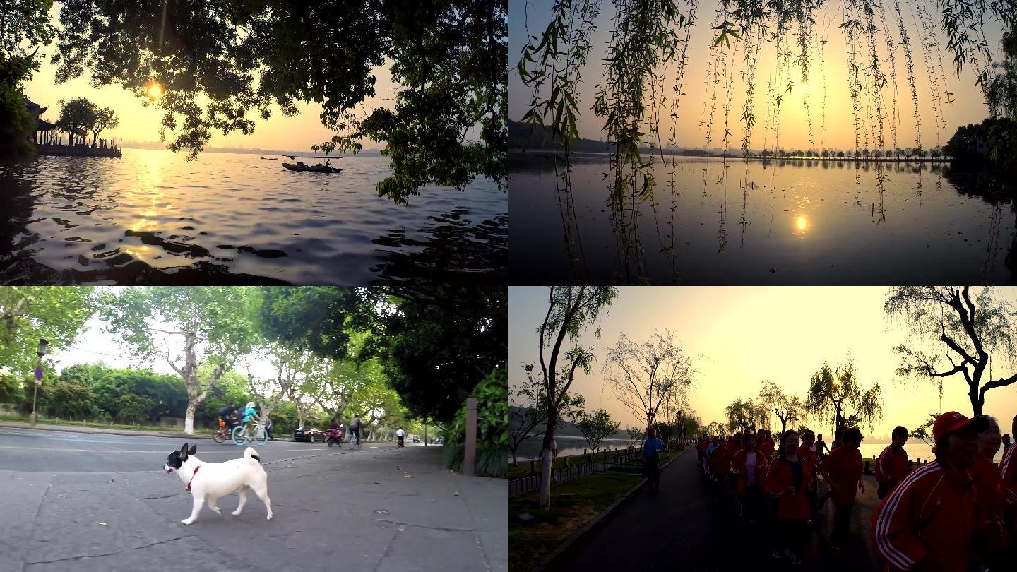 杭州白堤：西湖的早晨晨练的人们
