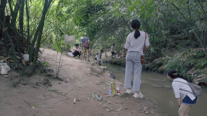 人们在森林公园竹林的小溪里戏水嬉戏