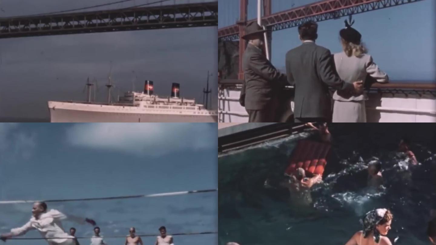 50年代美国游轮度假旧金山大桥甲板海面