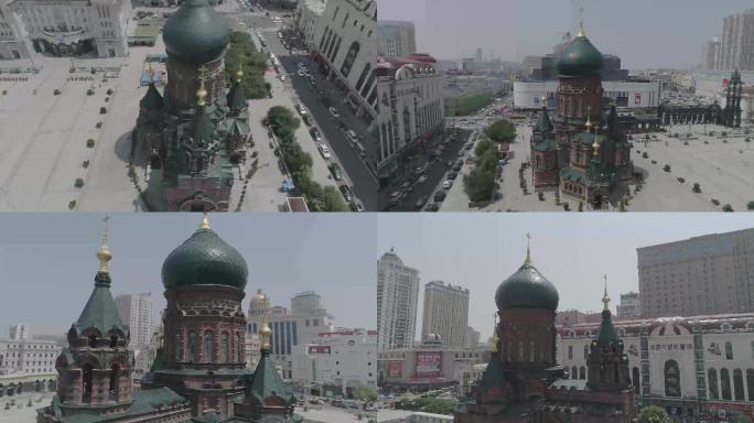 哈尔滨圣索菲亚教堂航拍4K灰度
