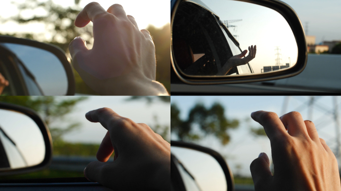 坐车旅行旅途，手触摸太阳，兜风路上风景