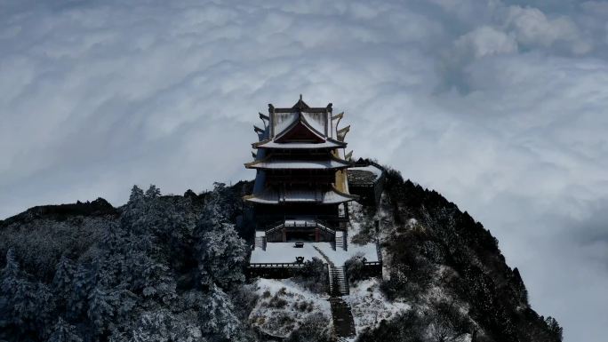 寺庙雪景云海环绕延时