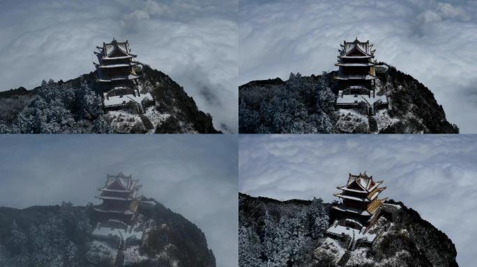 寺庙雪景云海环绕延时