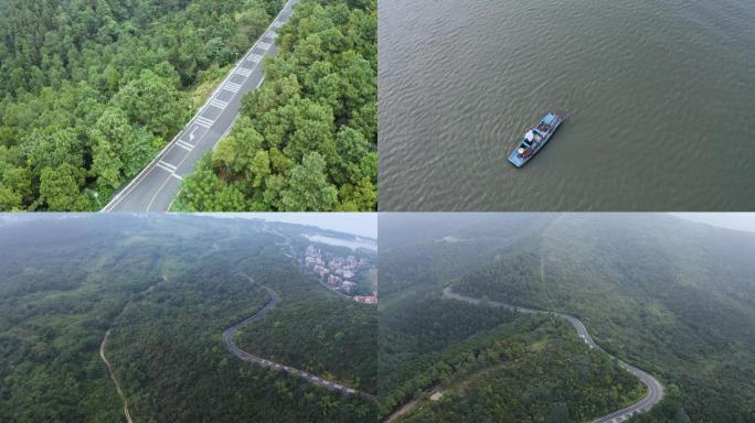 太湖流域航拍青山绿水渔民盘山路