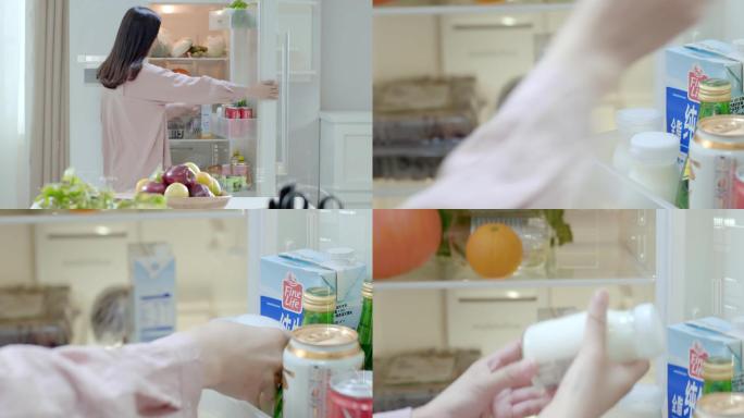 女开冰箱/拿酸奶/切水果/倒牛奶2K视频