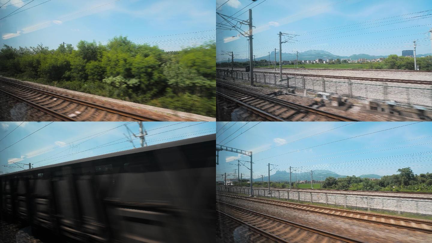 高铁动车窗外的铁路沿途风景