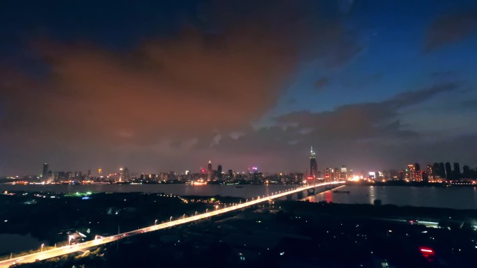 武汉城市夜景航拍长江二桥