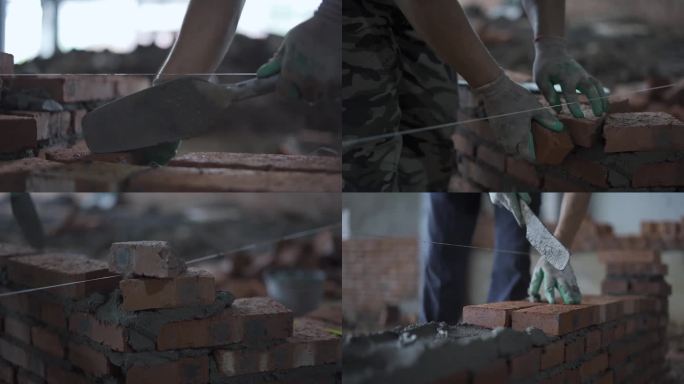 工人在工地砌砖