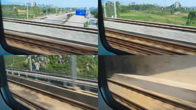 高铁车窗外风景，旅行路上景色4k视频素材