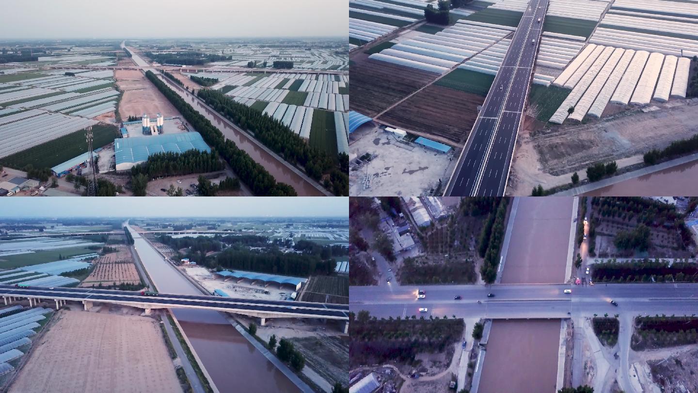 航拍京杭大运河山东聊城段与国道高速交叉