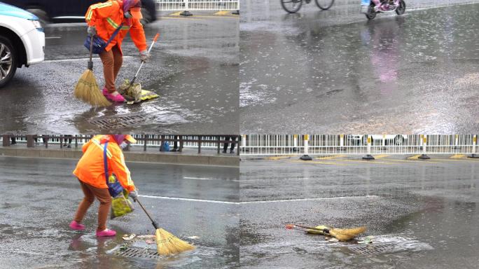 下雨天环卫清洁工人打扫街道