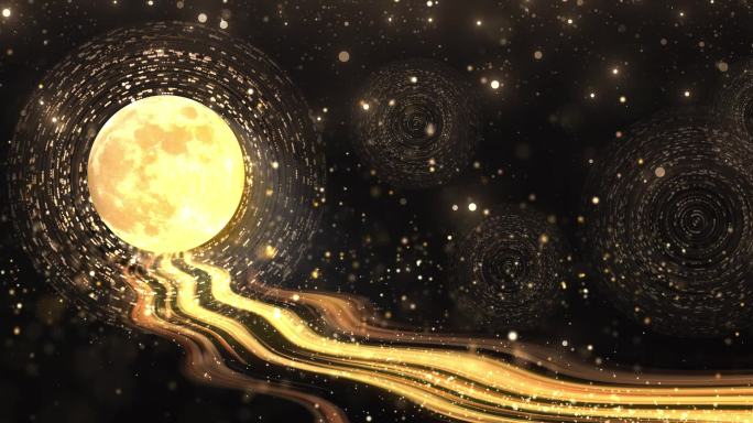 唯美大气金色粒子河流月亮