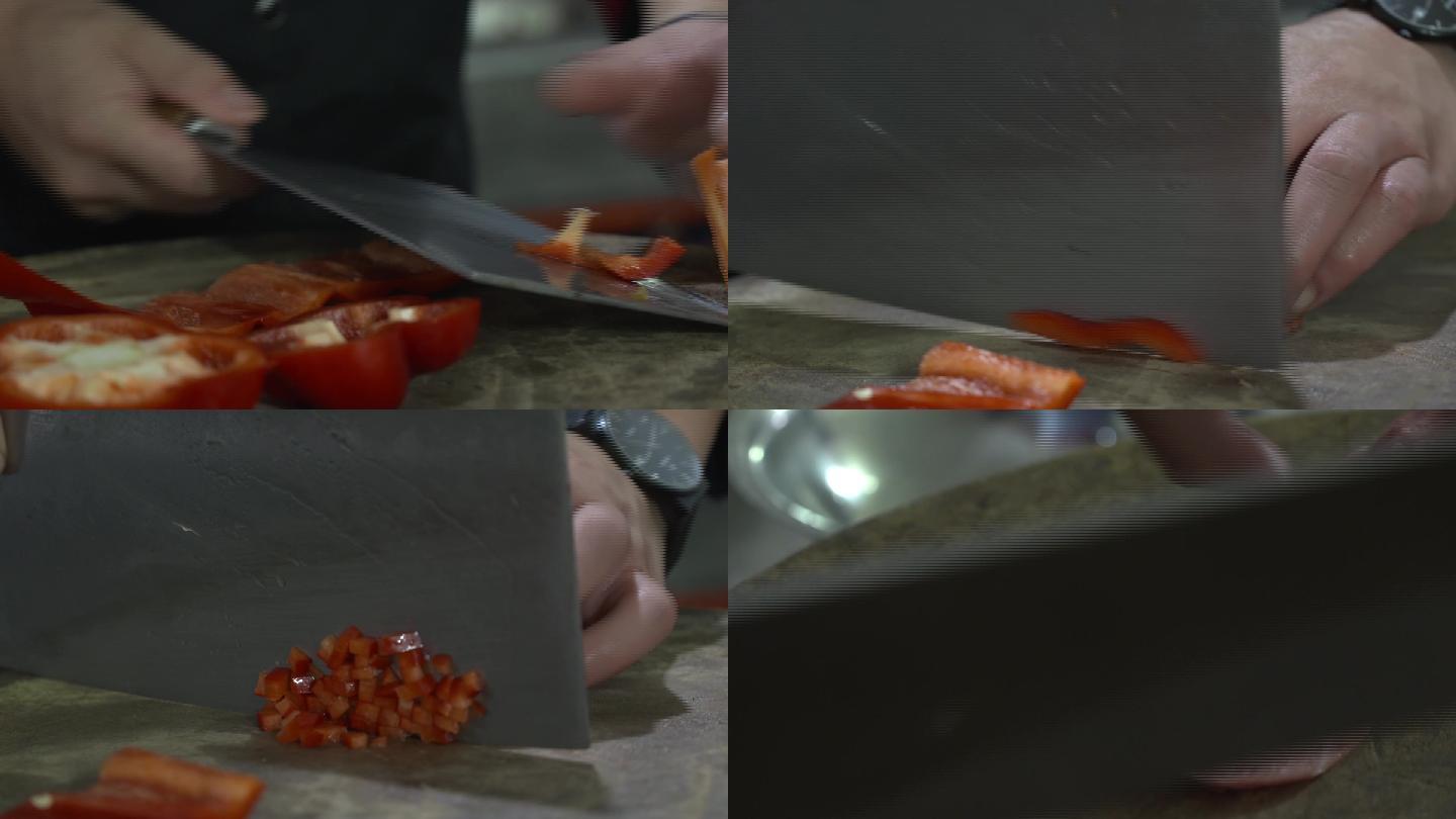 准备食材切红椒彩椒切肉丁