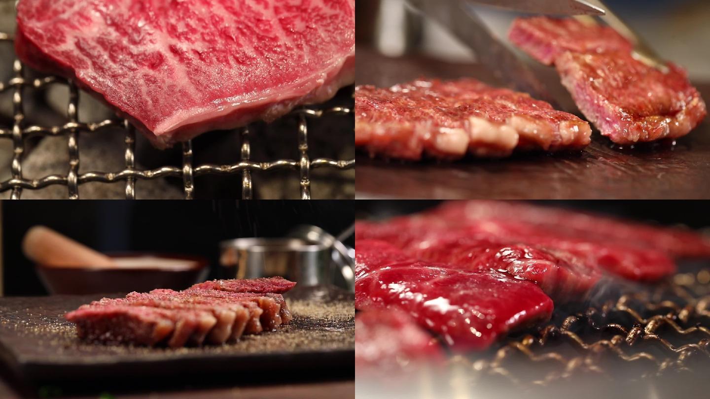 烤肉炭火高速镜头烤牛肉烤五花肉烤牛排