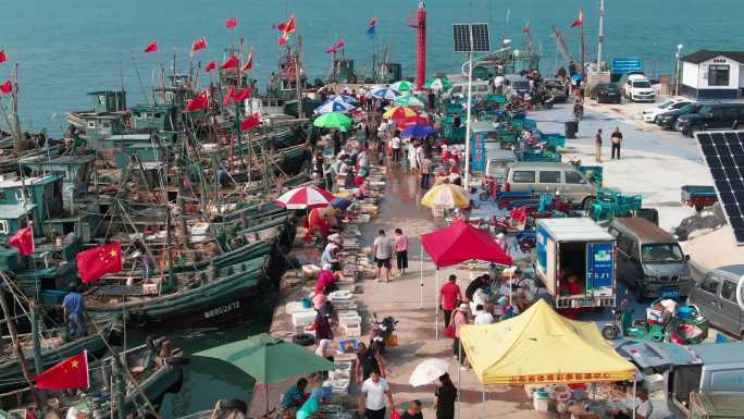 4K沿海渔民海鲜市场码头集市-港东渔码头