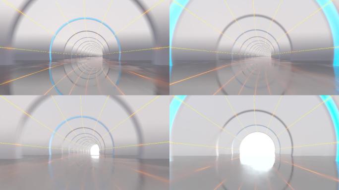 白色圆形隧道与发光光线3D渲染