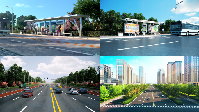 公交站3D动画 公共汽车进站 城市道路