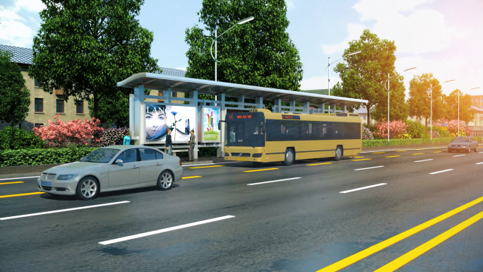 公交站3D动画 公共汽车进站 城市道路