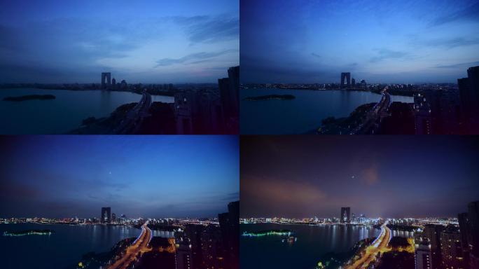 苏州金鸡湖东方之门日转夜大全景延时摄影