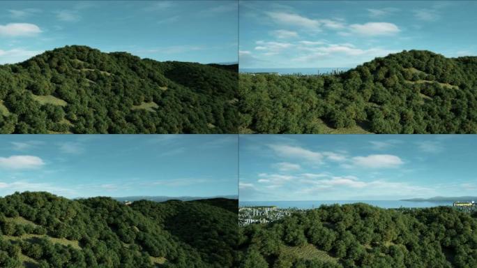 越过山体看见滨海城市城市规划三维动画