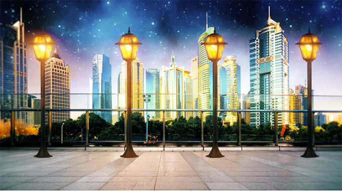 星空下的城市高楼建筑路灯小品背景视频