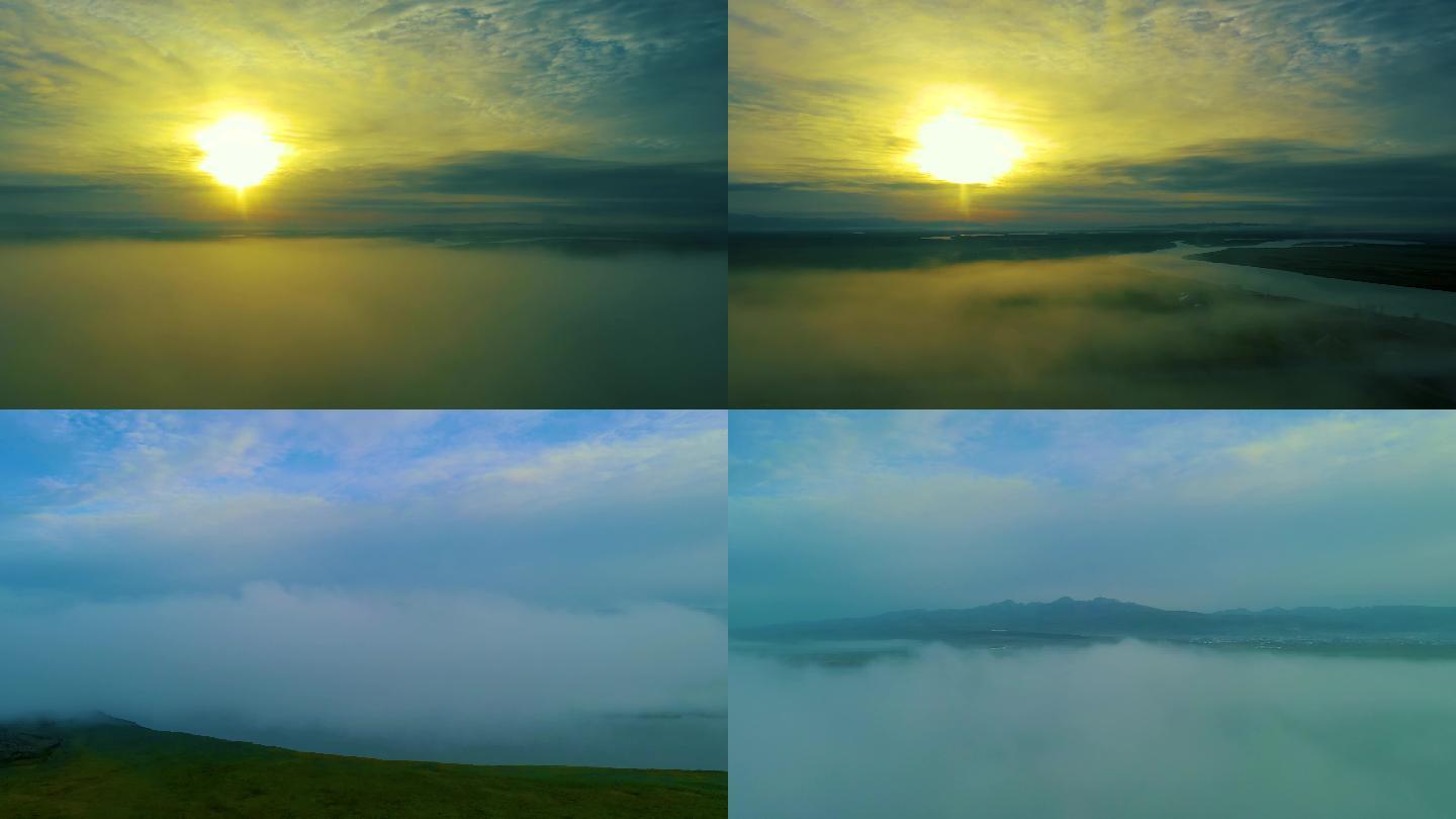 草原日出穿越云层4K航拍