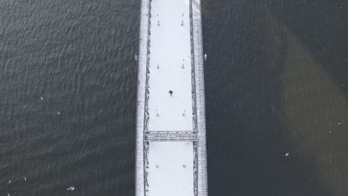 冬季下雪后人在桥上走天津海河