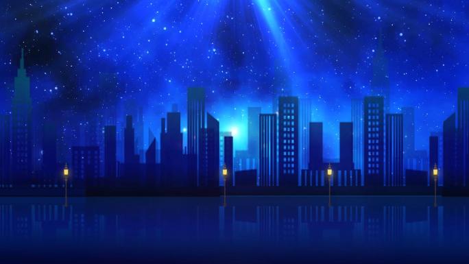 蓝色星空城市剪影动态背景视频
