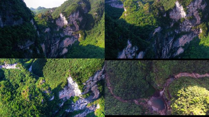 4K航拍旱季缺水的贵州大山江凯河瀑布