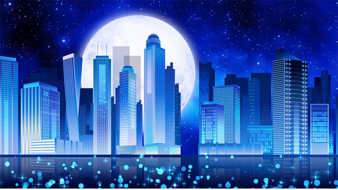 绚丽蓝色城市星空月亮舞台晚会背景视频