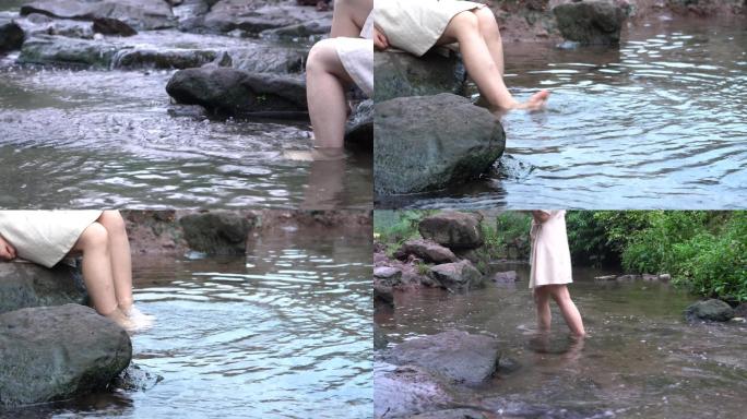 小女孩小溪流戏水