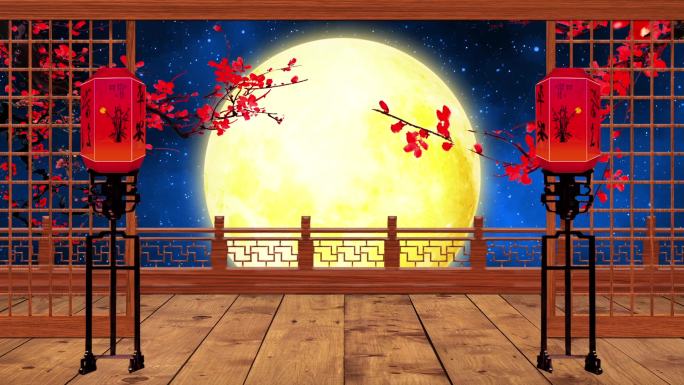 中国风楼阁玄关星空月亮梅花中秋赏月背景视