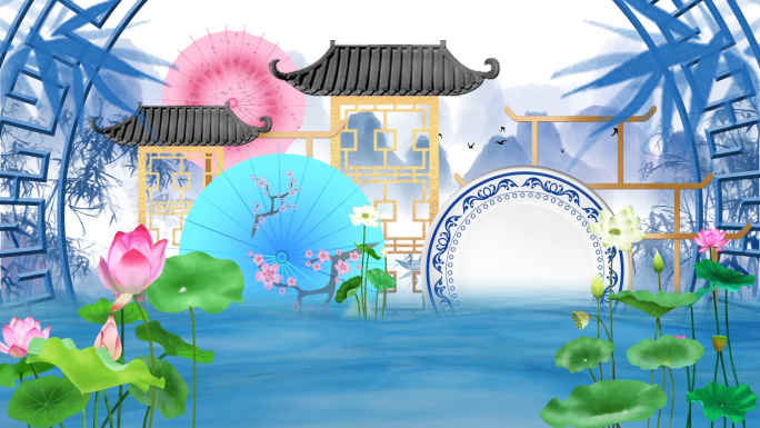 中国风古典山水画旗袍秀LED背景视频