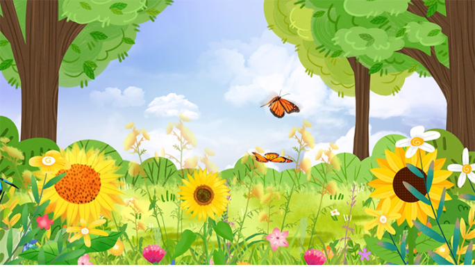 绿色清新森林花丛蝴蝶飞舞动态背景