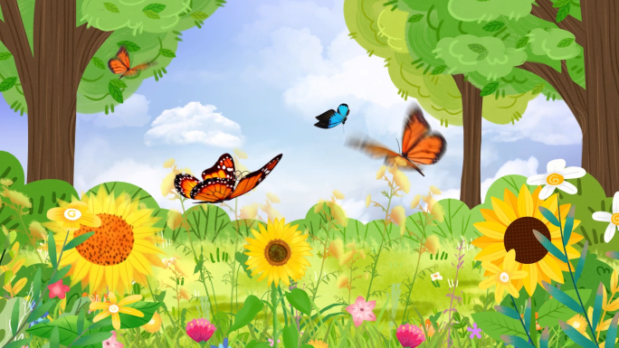 绿色清新森林花丛蝴蝶飞舞动态背景