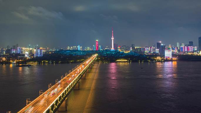 4k航拍武汉长江大桥夜景大范围延时