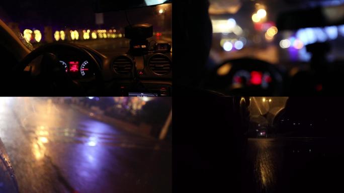 2K出租车夜晚雨中行驶霓虹灯