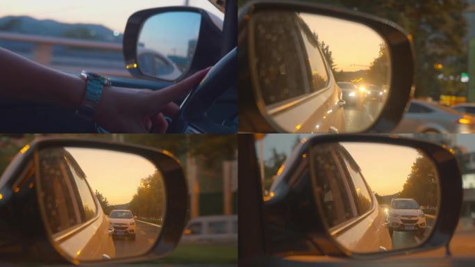 4K后视镜夕阳、汽车行驶后视镜