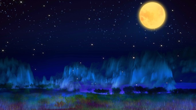 月亮夜色山脉山林全息唯美背景夜空黑夜森林